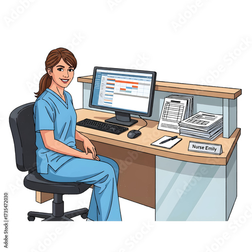 Nurse Working at Hospital Reception Desk Vector