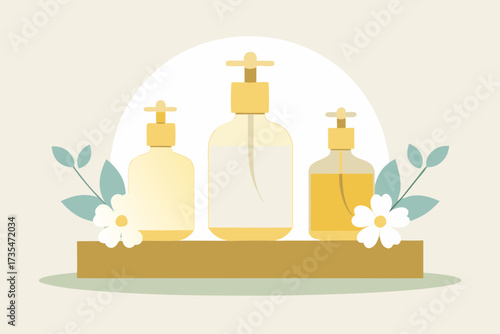 Three elegant yellow pump bottles with white flowers and leaves on a shelf