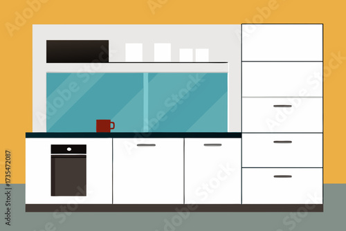 Modern minimalist kitchen with white cabinets oven and red mug on counter