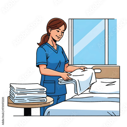 Nurse Folding Clean Sheets in Hospital Ward Vector