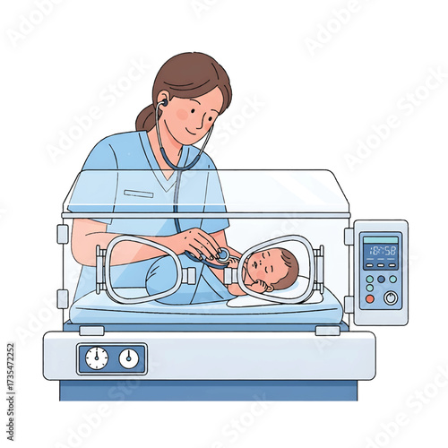 Nurse Caring for Newborn Baby in Maternity Ward Vector