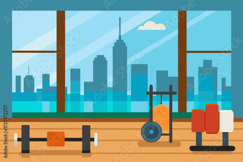 Modern gym interior with city skyline view and exercise equipment