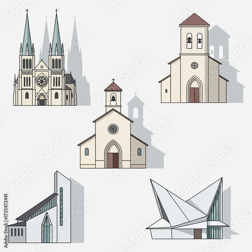 A diverse collection of various church buildings depicted in a clean, modern flat design illustration style, showcasing different architectural forms and religious structures