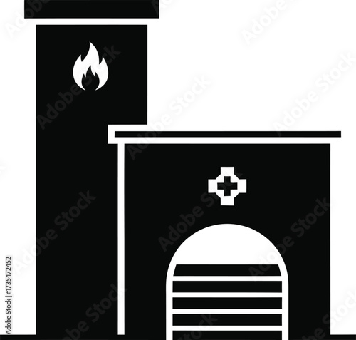 Black silhouette of a crematorium building with a flame and cross symbol
