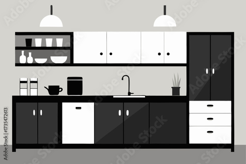 Modern minimalist kitchen interior with black and white cabinets and appliances
