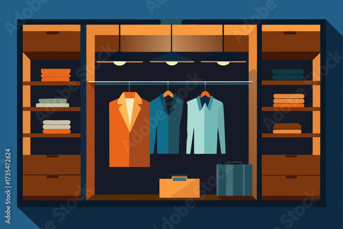 Organized modern closet with hanging clothes folded items and luggage