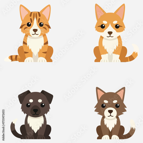 Collection of four cute cartoon cats and dogs sitting and looking forward on a white background