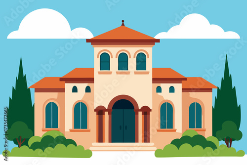 Flat illustration of a charming italian villa with arched windows and terracotta roof under blue sky