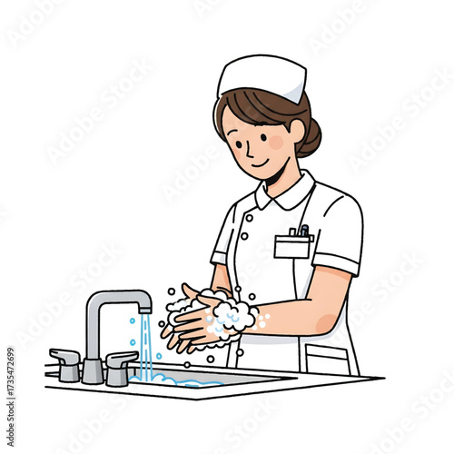 Nurse Washing Hands at Sink Hygiene Awareness Vector