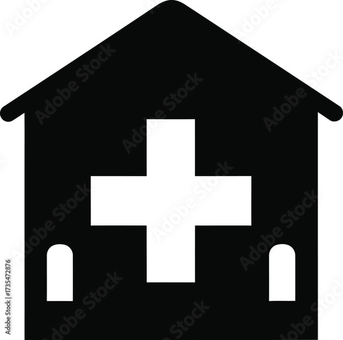 Simple black silhouette of a hospital building with a cross