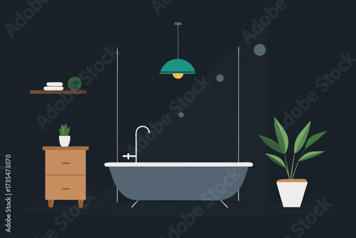 Modern minimalist bathroom interior with bathtub cabinet and plant
