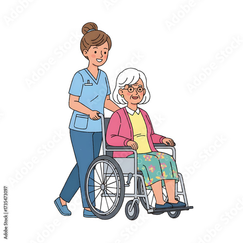 Nurse Assisting Senior Patient in Wheelchair Vector Illustration
