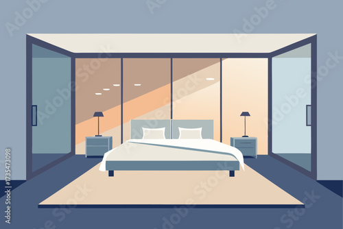 Modern bedroom with large glass windows and warm morning sunlight streaming in