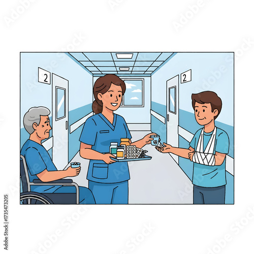 Nurse Distributing Medication to Patients Vector