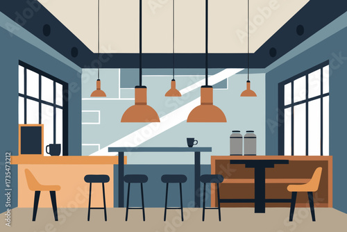 Modern minimalist cafe interior with bar seating and pendant lights