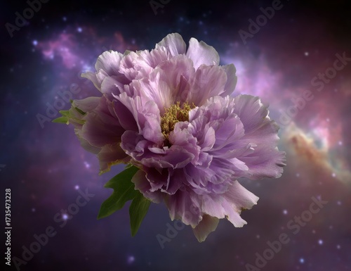 Delicate lavender peony in a cosmic setting.