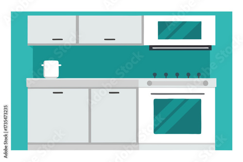 Modern kitchen counter with oven cabinets and microwave in a teal background