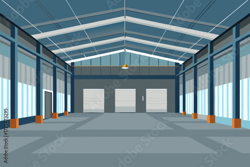 Spacious industrial warehouse interior with roller doors and large windows