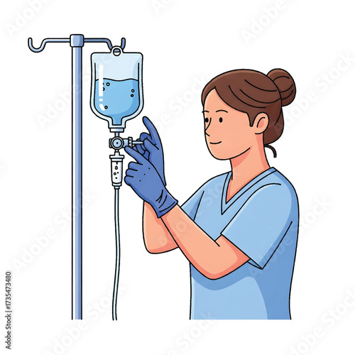 Nurse Adjusting IV Drip Vector Illustration