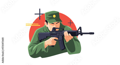 A soldier in a green uniform aims an assault rifle with focus and precision.