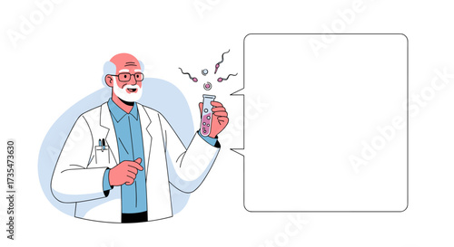 Scientist with a beaker and bubbling liquid shows something important to the audience.