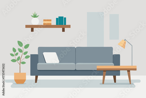 Modern living room with blue sofa coffee table plant and lamp