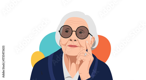 An elderly woman with glasses and a thoughtful expression looks to the side while touching her face.