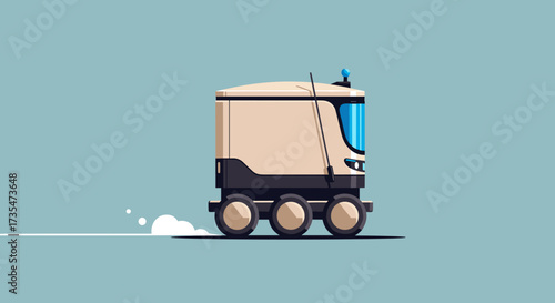 A futuristic autonomous delivery robot driving on a plain road