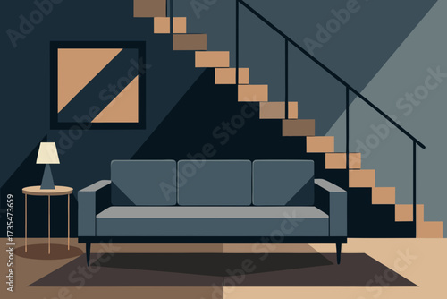Modern minimalist interior scene with a sofa lamp and staircase in muted tones
