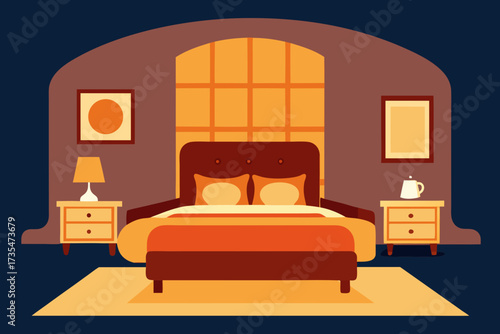 Cozy bedroom interior with a large bed nightstands and a window with warm light