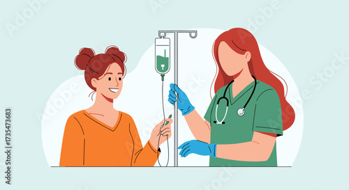 A nurse administers an intravenous infusion to a smiling patient in a hospital room.