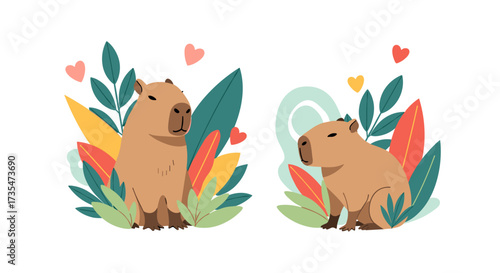 Two adorable capybaras sitting amidst lush tropical foliage and hearts