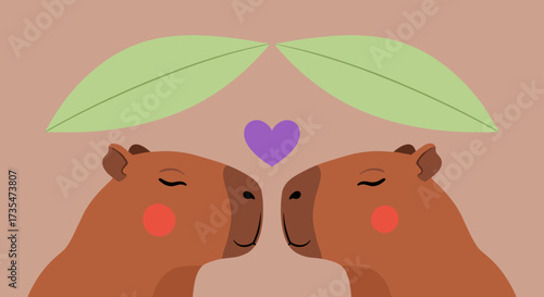 Two adorable capybaras sharing a sweet moment under green leaves with a purple heart above them.