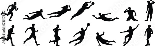 Soccer player silhouette, football athlete vector, running kicking dribbling action, sports figure design, game pose illustration, athletic training art symbol