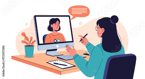 A professional meeting between two people discussing ideas on a computer screen during a remote session.