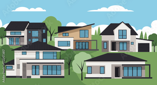 Modern homes with diverse architectural styles nestled in a serene green landscape.