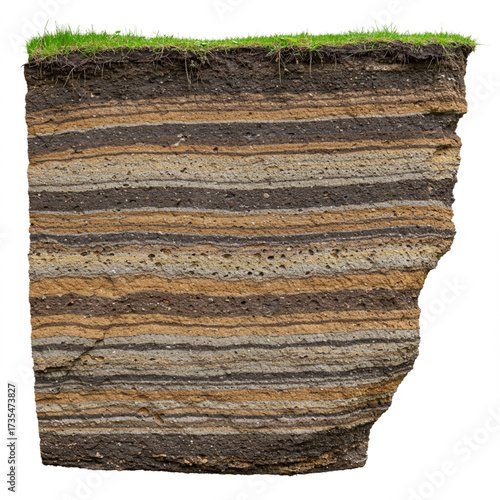 Detailed Photorealistic Forest Soil Profile, Layered Composition on White. 8k.