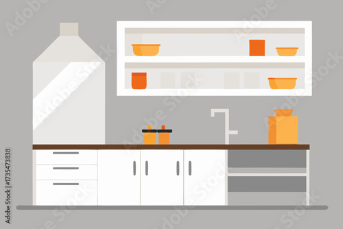 Modern flat design kitchen counter with cabinets shelves and sink