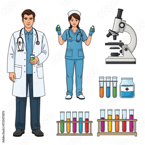Vector Illustration of Doctors and Nurses as Lab Technicians