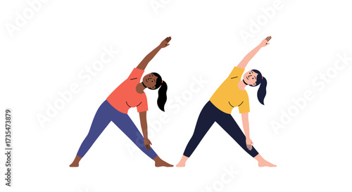 Two women stretching in a yoga pose to improve flexibility and balance in their bodies.