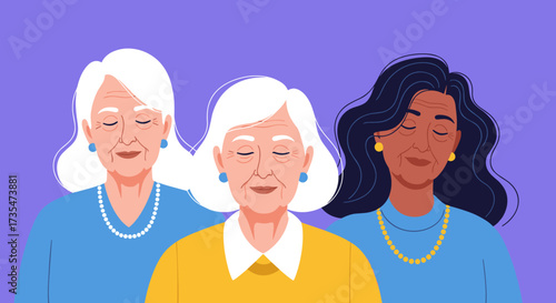 Three women of different ethnicities and ages with their eyes closed in contemplation.