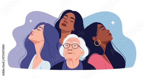 Diverse women of different ages and ethnicities embracing inner peace and self-care.