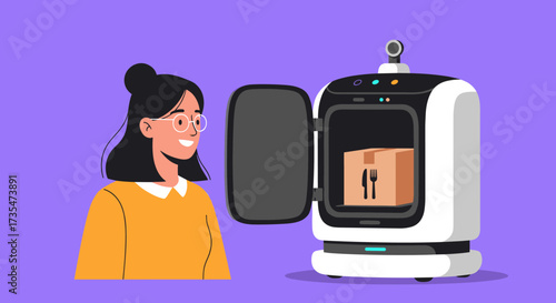 Autonomous robot delivery system brings food to a happy customer.