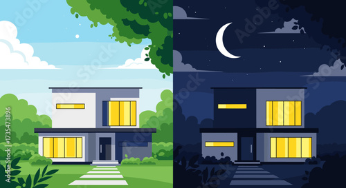 A modern house illuminated by warm lights during both daytime and nighttime.