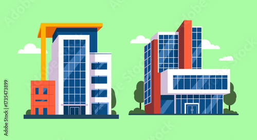 Modern architectural designs of two contemporary office buildings with large glass facades and colorful exterior elements.