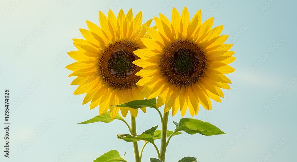 Obraz premium Two bright sunflowers against blue sky background botanical illustration