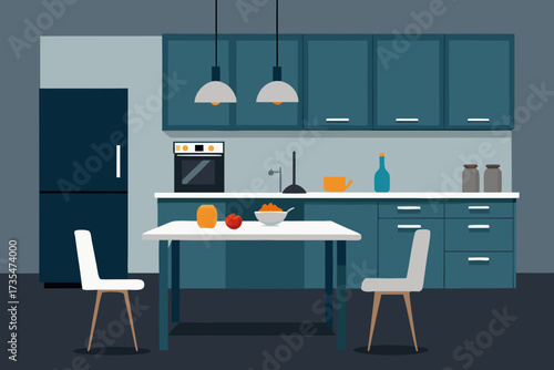 Modern minimalist kitchen interior with dining table and chairs