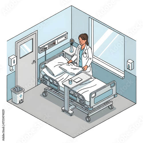 Nurse Preparing Hospital Bed in Clean Ward Isometric Vector