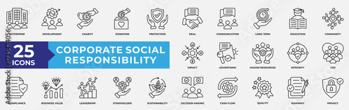Corporate Social responsibility Icon Set Collection. Containing charity, social, donation, protection, communication, CSR and education icon. Simple Line Vector Illustration.