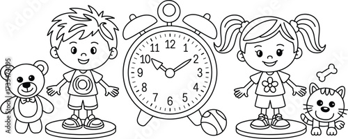 Childrens coloring page with boy girl teddy bear cat alarm clock and toys Keywords: coloring